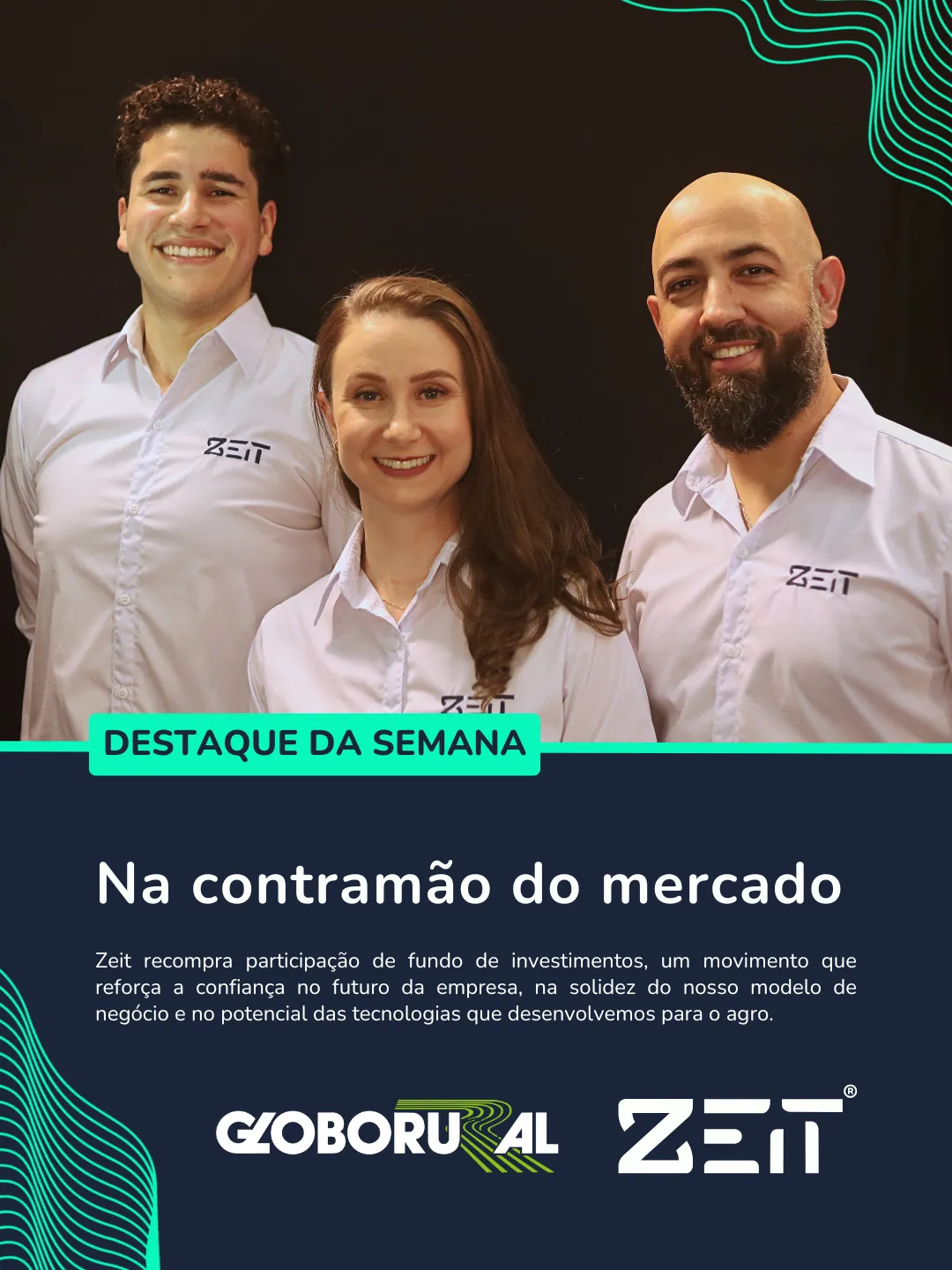Denílson Ebling, CTO e sócio, Paula Dalla Vecchia, COO e cofundadora e Renan Pardinho, CEO e cofundador da Zeit (da esquerda para direita)